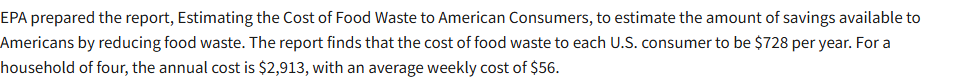 Capture de epa.gov : « The report finds that the cost of food waste to each U.S. consumer to be $728 per year. »